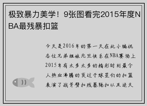 极致暴力美学!9张图看完2015年度NBA最残暴扣篮